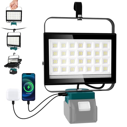 NATPOW Akku Lampe Für Makita 100W (Kein Akku), 6500LM Led Arbeitsleuchte, 2 Modi Baustrahler Akku Ultra Helle, Tragbarer Strahler mit Typ C und USB-Aufladung Für Camping Baustellen Autoreparaturen von NATPOW