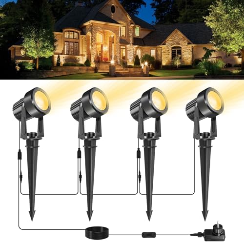 NATPOW Gartenbeleuchtung mit Strom, 4er Set/9M Warmweiß 3000K Gartenlampen für Draußen, 12V Gartenstrahler mit Erdspieß, IP65 Wasserdicht Gartenleuchten Set für Garten Rasen Pfad Bäume Außen von NATPOW