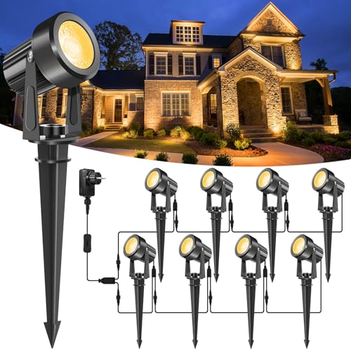 NATPOW Gartenbeleuchtung mit Strom, 8er Set/19M Warmweiß 3000K Gartenlampen für Draußen, 27V Gartenstrahler mit Erdspieß, IP65 Wasserdicht Gartenleuchten Set für Garten Rasen Pfad Bäume Außen von NATPOW