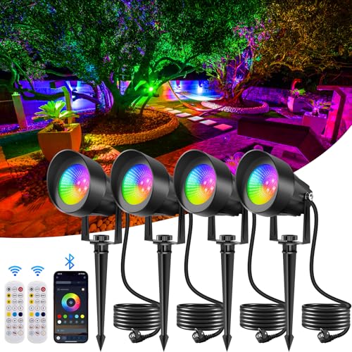 NATPOW Gartenbeleuchtung mit Strom RGB, 4 Stück LED Gartenbeleuchtung RGB Smart, Gartenleuchte LED mit APP und Fernbedienung, IP65 Wasserdichte Gartenstrahler mit Erdspieß für Garten, Terrasse, Wegen von NATPOW