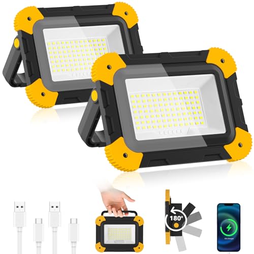 NATPOW LED Baustrahler Akku, 5 Modi LED Strahler Akku mit USB-Kabel, Tragbar Wiederaufladbar Campinglampe, Arbeitsstrahler für Baustelle Garage Werkstatt Camping Notfall, 2 Stück von NATPOW