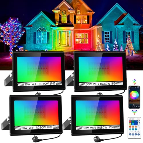NATPOW LED Strahler Außen, 30W Smart RGB Strahler mit Fernbedienung Bluetooth App, LED Fluter Flutlichtstrahler Farbwechsel Scheinwerfer, IP66 Wasserdicht Flutlicht für Gärten, Innenhöfe(4 Stk) von NATPOW