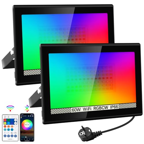 NATPOW LED Strahler Außen, 60W Smart RGB Strahler mit Fernbedienung Bluetooth App, LED Fluter Flutlichtstrahler Farbwechsel Scheinwerfer, IP66 Wasserdicht Flutlicht für Gärten, Innenhöfe(2 Stk) von NATPOW