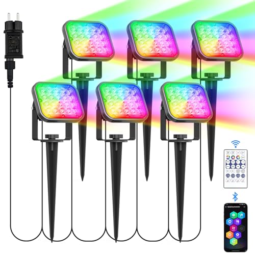 NATPOW Gartenbeleuchtung mit Strom, 6 Stück RGB Gartenleuchte mit Erdspieß, Farbwechsel Gartenstrahler mit Fernbedienung Bluetooth APP, IP65 dekoratives Gartenlampe für Garten Rasen Pfad Außen von NATPOW