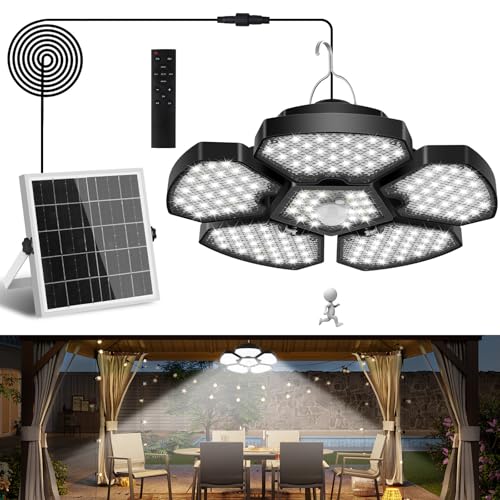 NATPOW Solar Hängeleuchte mit Bewegungsmelder, 6000K Hängelampe Outdoor mit Fernbedienung 5M Kabel, Terrassezusammenklappbar Solar Pendelleuchte, IP65 Wasserdichte für Haus Hof Garage von NATPOW