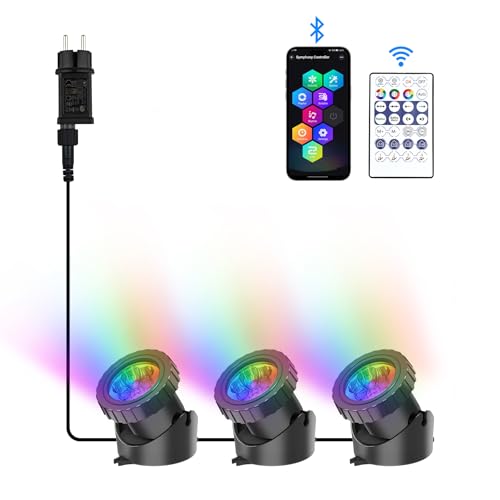 NATPOW Teichbeleuchtung LED Unterwasser, Unterwasserbeleuchtung RGB Unterwasser Teichlicht mit Bluetooth APP Fernbedienung, IP68 wasserdicht, Gartenbeleuchtung für Garten, Patio, Baum(3 in 1) von NATPOW