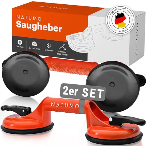 NATUMO® Saugheber [2er Set] - Glassauger mit 100kg Tragkraft - Vakuumheber mit ergonomischen & rutschfesten Griffen für Fliesen, Möbel, Glas, Laminat, Vinyl & Terrassenplatten [Orange] von NATUMO