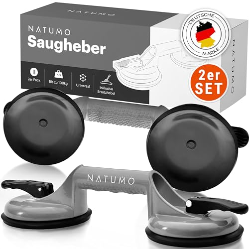 NATUMO® Saugheber [2er Set] - Glassauger mit 100kg Tragkraft - Vakuumheber mit ergonomischen & rutschfesten Griffen für Fliesen, Möbel, Glas, Laminat, Vinyl & Terrassenplatten [Silber] von NATUMO