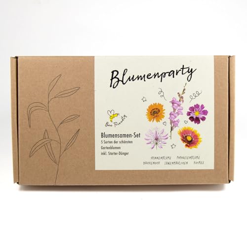 BLUMENSAMEN-GESCHENKSET BLUMENPARTY - 5 Sorten der schönsten Gartenblumen: Kosmee, Papageien- und Spinnenblume, Löwenmaul und Bährenohr, mit Starterdünger von NATUR KRAFTWERK