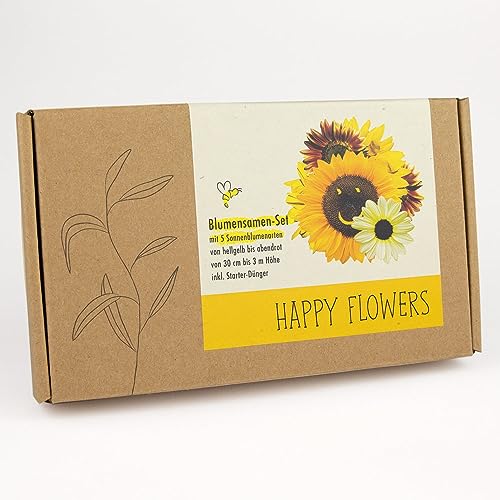 Blumensamen-Geschenkset "Happy Flower" - Geschenkbox mit Samen von 5 Sorten Sonnenblumen. Grußbotschaft auf der Packung möglich. von NATUR KRAFTWERK