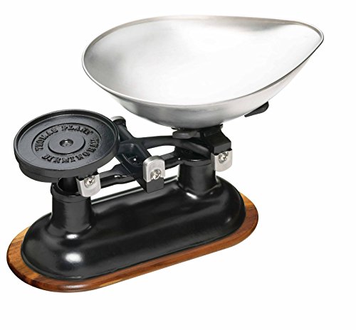 Living Nostalgia Mechanische Küchenwaage mit Schale und Gewichten in Geschenkbox, Gusseisen mit Ständer aus Akazienholz von Living Nostalogia