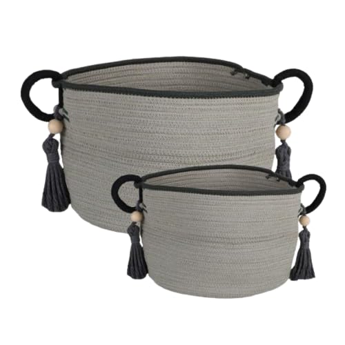 NATURAL LIVING " 2ER-SET BAUMWOLLKÖRBE " HOLZDEKO-GRIFF UND POMPON H22 UND H28CM von Urban Living