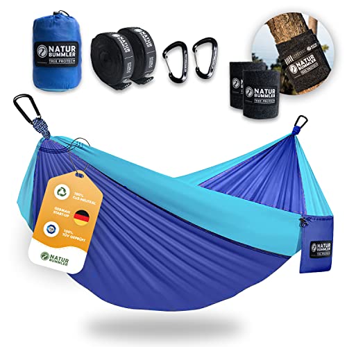 NATURBUMMLER® Hängematte Outdoor [Tree Protec+] mit Baumschutz & Befestigung – 300x170cm für 1–2 Personen – Ultraleicht & wetterfest – doppellagige Camping Hängematte für Outdoor Garten (Meeresblau) von NATURBUMMLER