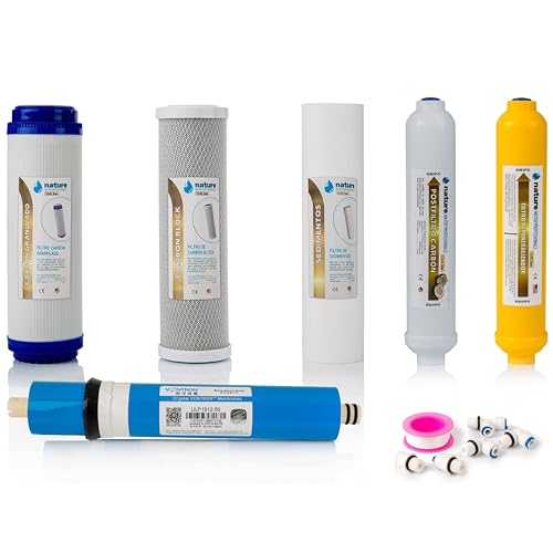 Nature Water Professionals Set mit 5 Universal-Filtern für Umkehrosmose, inkl. 50 GPD Vontron-Membran, Teflon-Rolle, Stecker und T, ideal für 6-stufige Universalausrüstung von NATURE WATER PROFESSIONALS