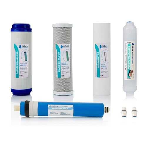 Set mit 4 Universalfiltern für Umkehrosmose, inkl. Membran für 5-stufige Universalausrüstung und Postfilter-Anschlüsse, 75GPD - Nature Water Professionals, Polypropylen. von NATURE WATER PROFESSIONALS