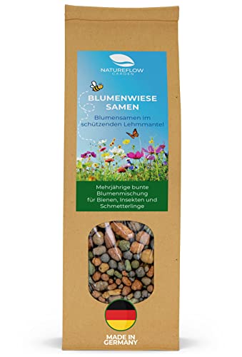 Wildblumensamen mehrjährig & winterhart - 400g Bienenwiese Saatgut im Lehmmantel aus Deutschland - 100% Natürliche Blumensamen - Blumenwiese Samen für 20m² wunderschöne Wildblumen Blühwiese von NATUREFLOW