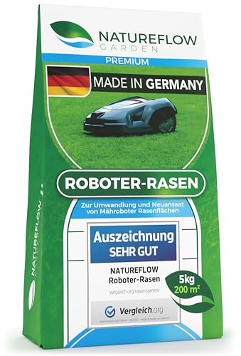 Für Mähroboter Entwickelt - Rasensamen schnellkeimend 5kg TEST SEHR GUT - Roboter Grassamen Made in Germany – Vital und selbstdüngend für pflegeleichten Garten mit Natureflow Rasensaat von NATUREFLOW