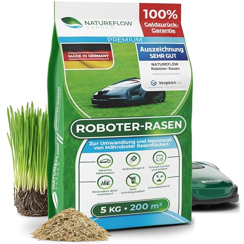 Mähroboter Rasensamen schnellkeimend 5kg TEST SEHR GUT - Roboter Grassamen Made in Germany - Für pflegeleichten Garten mit Natureflow Rasensaat von NATUREFLOW