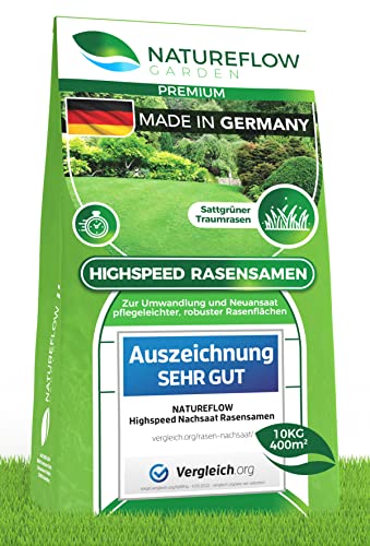 Rasensamen schnellkeimend 10kg - TEST SEHR GUT - Schnell wachsender Rasen Made in Germany - Premium Grassamen schnellkeimend - Rasensaat für sattgrünen, unkrautfreien Traumrasen - Rasensamen 10kg von NATUREFLOW