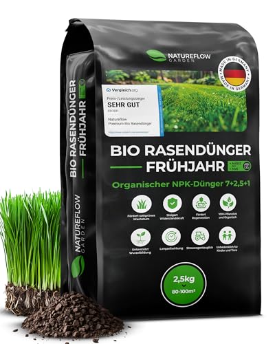 Bio Rasendünger Frühjahr & Sommer TESTSIEGER Made in Germany – 2,5kg für 100qm - Organischer Rasendünger Bio für gesunden Boden & sattgrünen Rasen - Dünger Rasen, Frühjahrsdünger Rasen Bio Rasendünger Frühjahr & Sommer TESTSIEGER Made in Germany – 2,5kg für 100qm - Organischer Rasendünger Bio für gesunden Boden & sattgrünen Rasen - Dünger Rasen, Frühjahrsdünger Rasen von NATUREFLOW