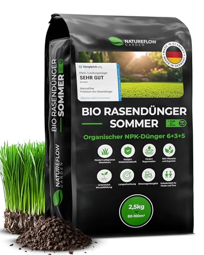 Bio Rasendünger Sommer TESTSIEGER Made in Germany – 2,5kg für 100qm - Organischer Rasendünger Bio für gesunden Boden & sattgrünen Rasen - Dünger Rasen, Sommerdünger Rasen von Natureflow Garden von NATUREFLOW