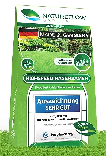 Rasen Nachsaat 0,5kg - Grassamen TEST SEHR GUT - Rasensamen schnellkeimend aus Deutschland für 20qm Rasen - Zuverlässige Rasennachsaat schnellkeimend - Rasensaat zur Reparatur für Ihren Traumrasen von NATUREFLOW