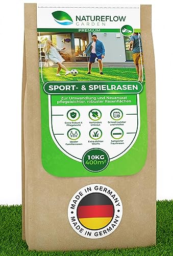 Rasensamen Sport und Spielrasen 10kg - Extra Robuster, Schnell wachsender Rasen - Rasensaat Spiel- und Sportrasen Made in Germany - Premium Grassamen schnellkeimend von NATUREFLOW