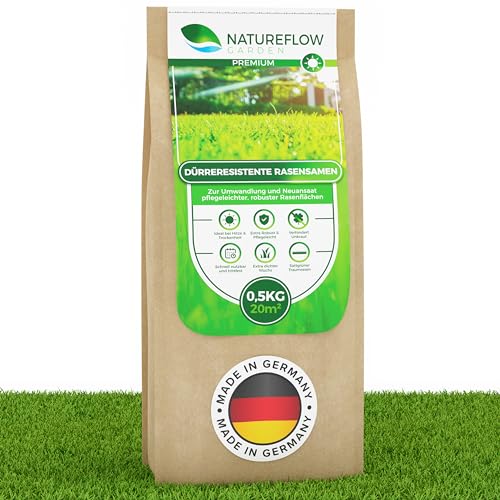 Rasensamen Schnellkeimend Trockenresistent - Dürreresistenter Rasen Made in Germany - Premium Grassamen bei Hitze und Trockenheit - Trockenrasen Samen 0,5kg von NATUREFLOW