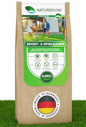 Rasensamen Sport und Spielrasen 0,5kg extra robust - Schnell wachsender Nachsaat Rasen - Rasensaat Spiel- und Sportrasen Made in Germany - Premium Grassamen schnellkeimend - Rasensamen schnellkeimend von NATUREFLOW