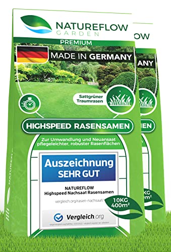 Rasensamen schnellkeimend 20kg - SEHR GUT getestet - Schnell wachsender Rasen Made in Germany - Premium Grassamen schnellkeimend - Rasensaat für sattgrünen, unkrautfreien Traumrasen﻿ von NATUREFLOW