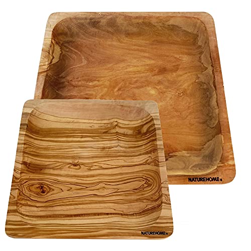 NATUREHOME 2er Set Holzteller eckig 20/26cm Olivenholz massiv Naturholzteller aus ökologischem Anbau stapelbar, lebensmittelechtes Holzgeschirr von NATUREHOME