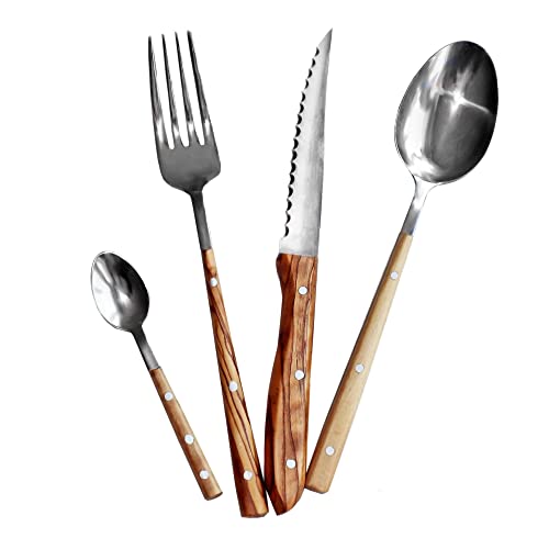 NATUREHOME Premium Design Olivenholzbesteck im 4er Set: Messer, Gabel, Löffel groß, Löffel klein von NATUREHOME