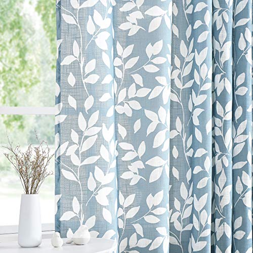 Treatmentex Blau-weiße Vorhänge für Wohnzimmer, 160 cm Länge, Blätterdruck, Halbschere, Vorhänge für Fenster, Ösen, 2 Stück von NATWIN