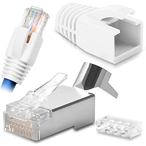 Netzwerkstecker Netzwerk DSL Stecker CAT7 CAT7A CAT6 CAT6A CAT5 RJ45 DSL LAN vergoldete Kontakte Knickschutz, Farbe:Weiss, Stückzahl:100 Stück von NAUC