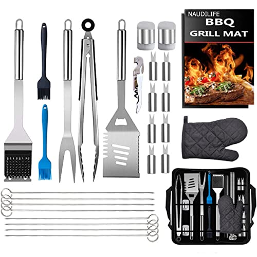 NAUDILIFE Grillbesteck Tool Set, Grill Zubehör Geschenk für Männer mit Handschuhen und Grillmatte, aus Hochwertiger Edelstahl für Garten und Camping für Männer Frauen (28Pcs) von NAUDILIFE