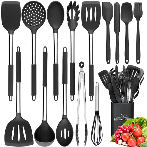 NAUDILIFE Küchenutensilien-Set aus Silikon, hitzebeständig, mit Edelstahl-Griffen zum Kochen und Backen, antihaftbeschichtet, 15-teilig (Schwarz) von NAUDILIFE