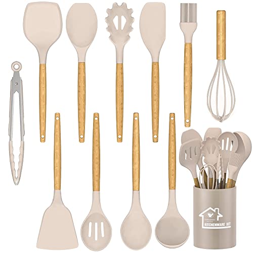 NAUDILIFE Küchenhelfer Set, 12-teilig, Premium-Küchenutensilien, Pfannenwender-Set mit Halter, antihaftbeschichtet, hitzebeständig, Küchenhelfer mit natürlichem Holzgriff, (Khaki) von NAUDILIFE