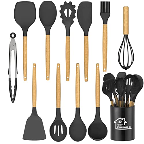 NAUDILIFE Silikon-Kochutensilien-Set, 12-teilig, Premium-Küchenutensilien, Pfannenwender-Set mit Halter, antihaftbeschichtet, hitzebeständig, Küchenhelfer mit natürlichem Holzgriff, BPA-frei(Schwarz) von NAUDILIFE