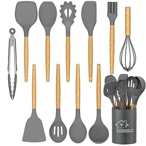 NAUDILIFE Küchenhelfer Set, (12-teilig),Silikon Kochgeschirr Set, Pfannenwender-Set mit Halter, antihaftbeschichtet, hitzebeständig, Küchenhelfer mit natürlichem Holzgriff,BPA-frei (Grau) von NAUDILIFE