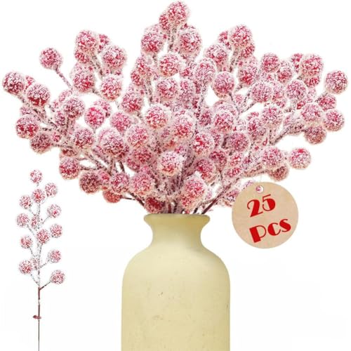 NAUXIU Künstliche Beerenspieße für Weihnachten, Winter, mattierte rote Beerenstiele, 20,8 cm, künstliche schneebedeckte rote Beerenzweige für Weihnachtsbaum, Kranz, Girlande, Basteln, Zuhause von NAUXIU