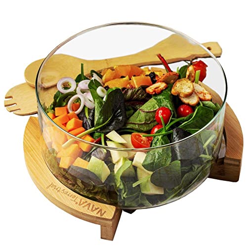 NAVA Glasschüssel SALATSCHÜSSEL mit Bambusständer Löffeln 24 cm | 5 l von NAVA