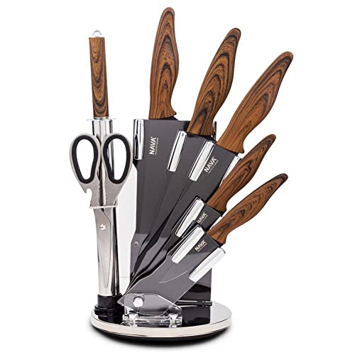 NAVA Küchenmesser Stahlmesser SCHWARZ BRAUNER GRIFF 7er Set mit Ständer von NAVA