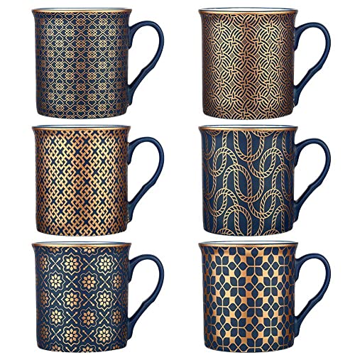 Porzellanbecher Becher Kaffeebecher Teebecher Porzellantassen Tasse aus Porzellan mit Deko Dekor Geschenk dunkelblau gold 6er-Set, 300 ml von NAVA