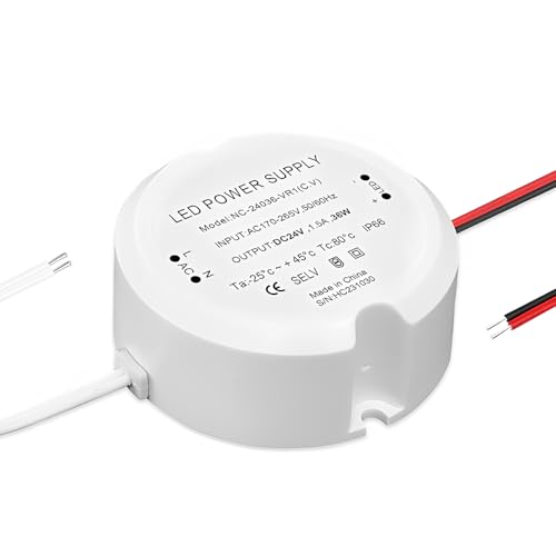 LED Trafo 24V 36W 1.5A, LED Netzteil Trafo 230V auf 24V für Lampen G4 MR16, AC zu DC Schalt Niedervolttrafo, Mini Ring Netzteil Flackerfrei, Kein Rauschen, IP66 Wasserdicht von NAVESO
