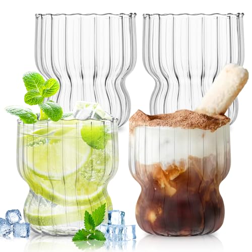 NAVESO Gerippte Glasbecher, 4 Stück Cappuccino Gläser Set, Vertikale Streifen Gläser, Kaffee Latte Tassen, Borosilikatglas Gläser, Geriffeltes Trinkglas, Kaffeegläser für Latte, Tee, Milch, Bier von NAVESO