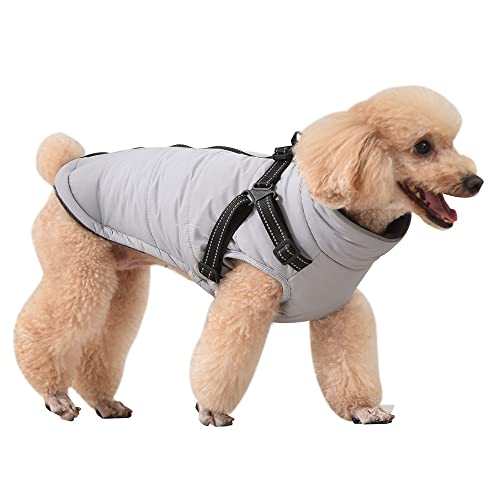 NAVESO Hundemantel Winter, Hundejacke Winter, Winter Hundemantel mit Hundegeschirr, Baumwolle Gefütterte Hundejacke, Warme Hundejacke Wasserdicht für Kleine Mittelgroße Hunde, Grau M von NAVESO