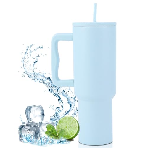 NAVESO Thermobecher mit Strohhalm, 40OZ 1200ml Doppelwandiger Edelstahl Vakuum Isolierbecher Becher mit Griff, Auslaufsicher Tumbler Cup, Trinkbecher Isoliert für Heiße und Kalte Getränke (Himmelblau) von NAVESO