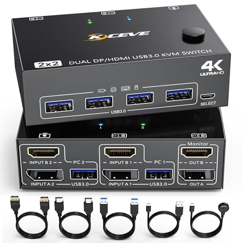 DP + HDMI KVM Switch 2 Computer 2 Monitore, KCEVE Zwei Monitore Displayport USB 3.0 KVM Umschalter für zwei Monitore, Unterstützt 4K@60Hz für 2 Computer, die Tastatur, Maus und Monitor teilen DP + HDMI KVM Switch 2 Computer 2 Monitore, KCEVE Zwei Monitore Displayport USB 3.0 KVM Umschalter für zwei Monitore, Unterstützt 4K@60Hz für 2 Computer, die Tastatur, Maus und Monitor teilen von NAWEN