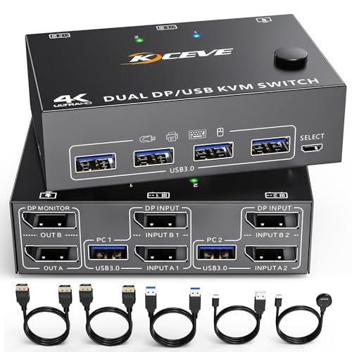 DP KVM Switch Zwei Monitore, KCEVE 2 Computer 2 Monitore Displayport USB 3.0 KVM Umschalter, Unterstützt 4K@60Hz für 2 Computer, die Tastatur, Maus und Monitor teilen von NAWEN