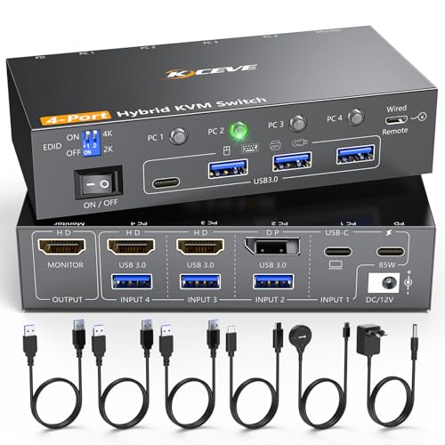 KVM Switch 1 Monitore 4 PC, 4K@60 USB C+ Displayport + HDMI KVM-Umschalter mit 4 USB 3.0 Ports Tastatur und Desktop-Controller von NAWEN